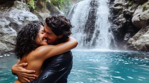 Couple's Waterfall Retreat: A Moment of Love