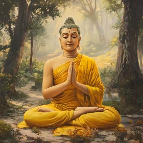 Golden Buddha in Forest Meditation