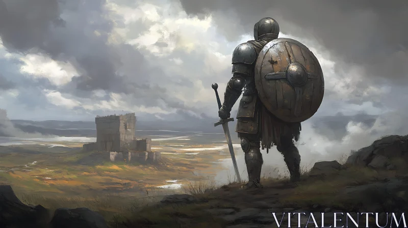 AI ART Medieval Knight Overlooking Castle Ruins