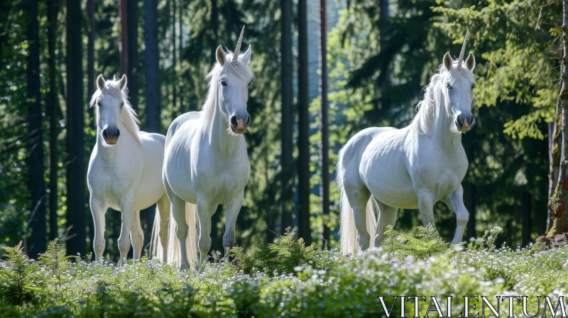 Enchanting Image of Three White Unicorns in a Green Forest AI Image