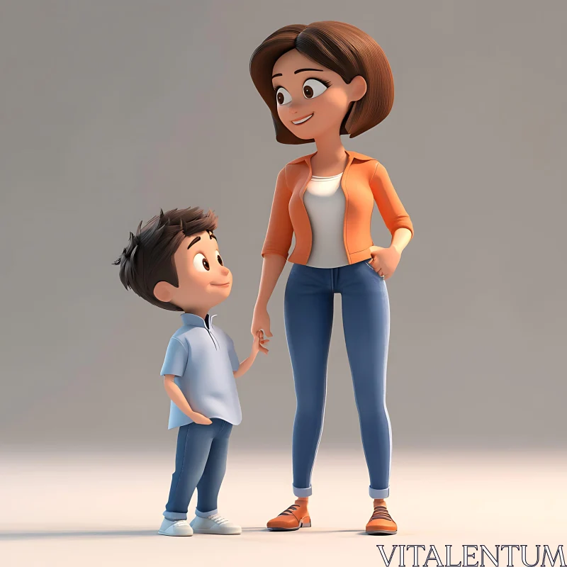 AI ART Cartoon Mother and Son Hand-in-Hand