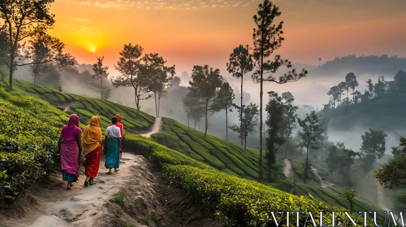 Women in Tea Field at Sunrise AI Image