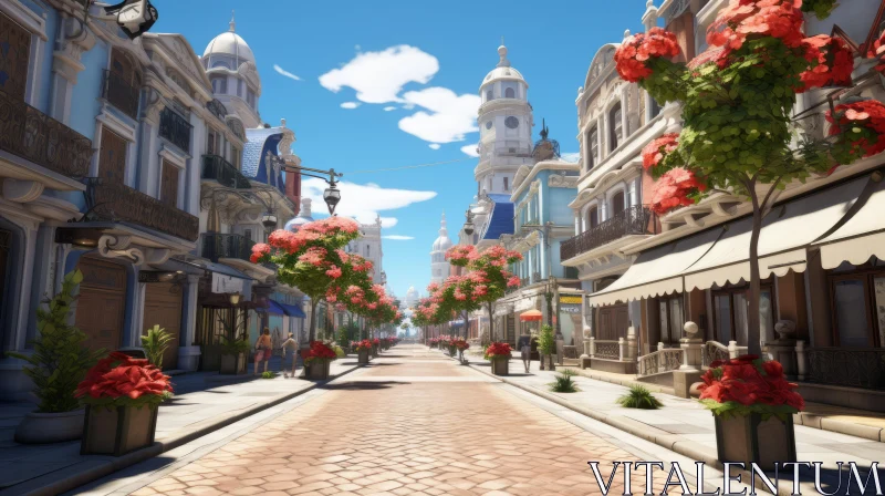 Floral City Street in Mediterranean-Inspired Animecore Style AI Image