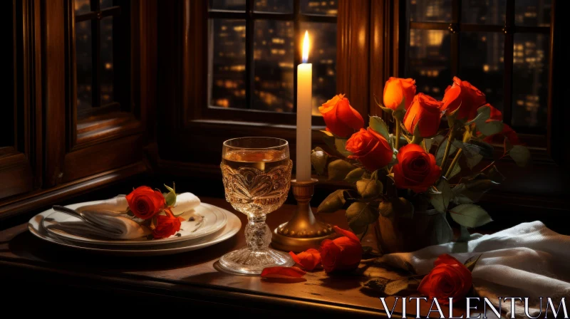 Romantic Candlelit Scene with Desserts and Wine AI Image