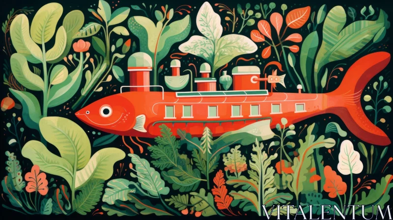 Vibrant Orange Fish in Green Plant Landscape - Illustration Design by Esquire AI Image