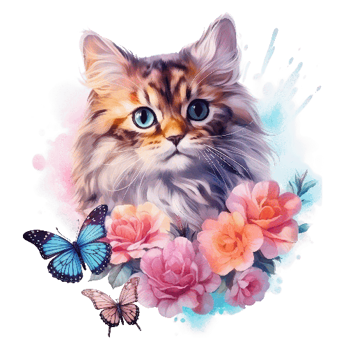 Watercolor Painting of Fluffy Cat with Rose Wreath and Butterflies POD Design