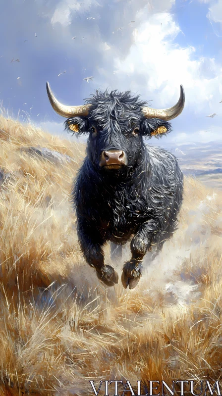 Bull in Motion Amongst Golden Fields AI Image