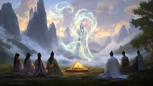 Serene Ritual in the Misty Mountains