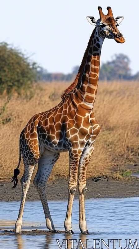 Giraffe at the Water's Edge AI Image