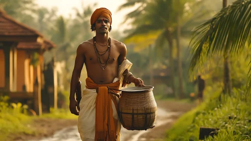 Man Carrying Pot in Village Setting