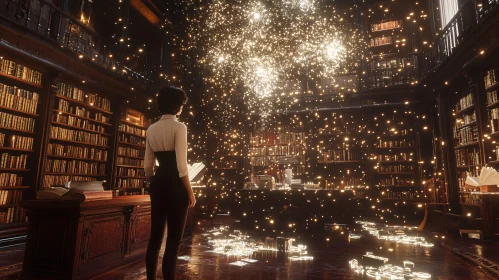 Woman in Library with Enchanted Lights