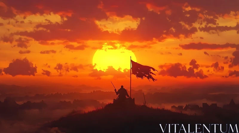 Silhouette of Warrior at Sunset with Flag AI Image