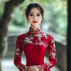 Portrait of Woman in Red Embroidered Gown