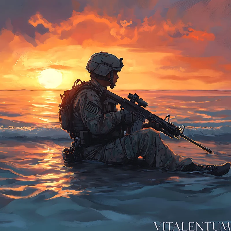 AI ART Military Man in Sea at Sunset