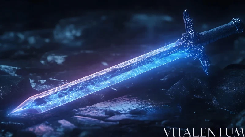 AI ART Mystical Glowing Sword on Stone