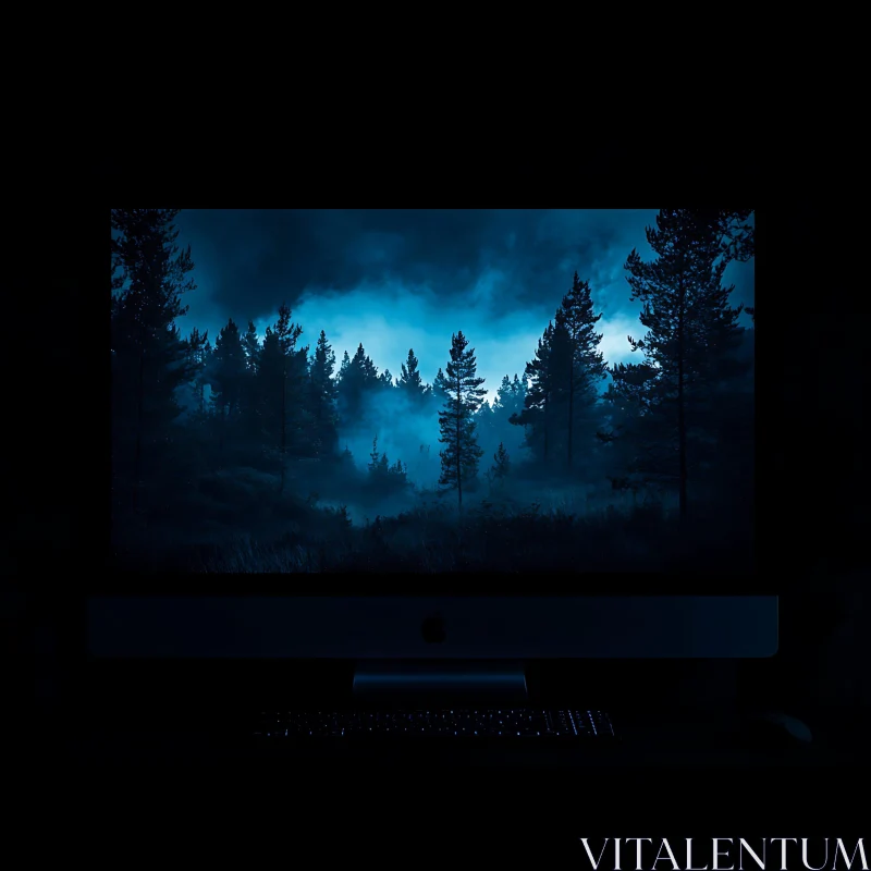 Enigmatic Night Forest on Monitor AI Image