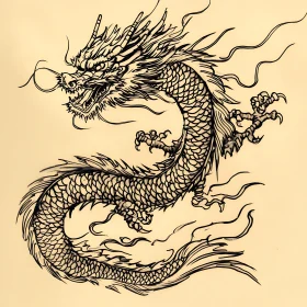 Serpentine Dragon Illustration in Black and White