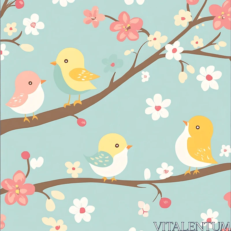 Pastel Birds on Flowering Branches AI Image