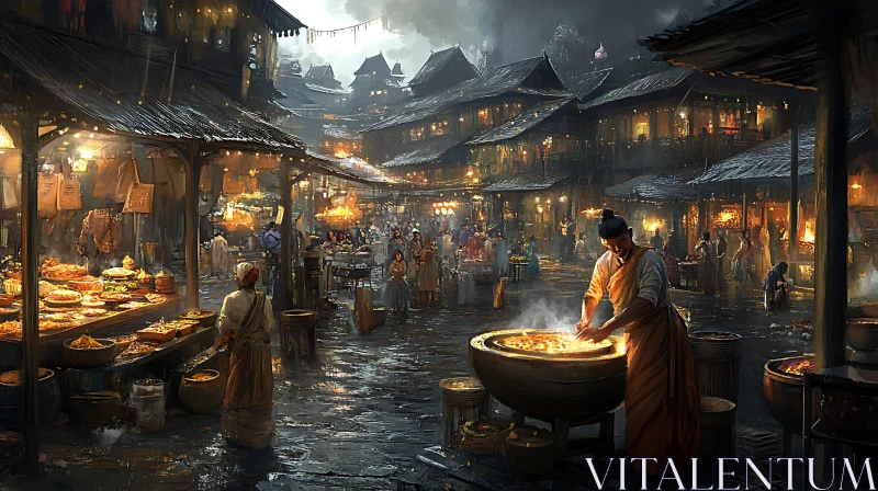 Asian Street Food Market at Night AI Image