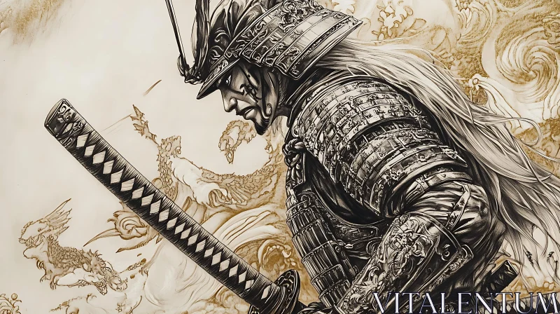 Stoic Samurai with Sword and Dragon AI Image