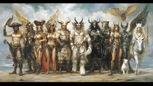 Enigmatic Gathering of Mythical Beings on the Shore