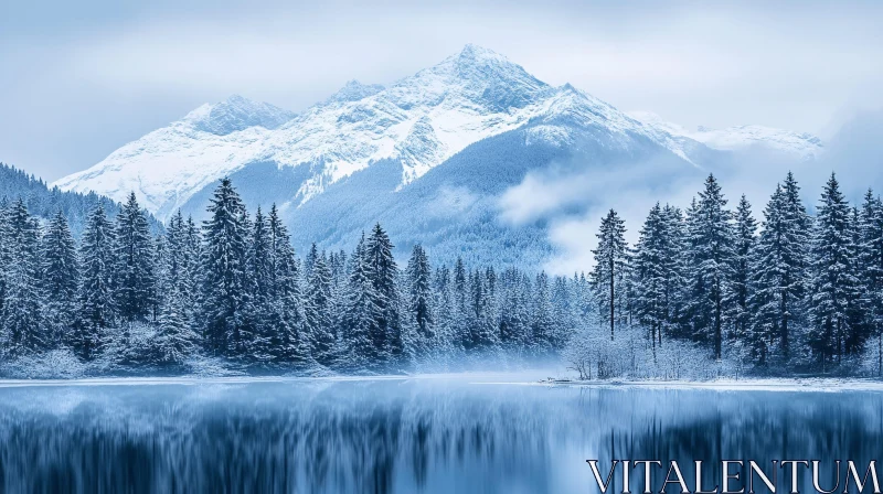 AI ART Peaceful Snowy Forest with Mountain Reflection