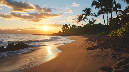 Tranquil Beach Sunset with Palm Trees