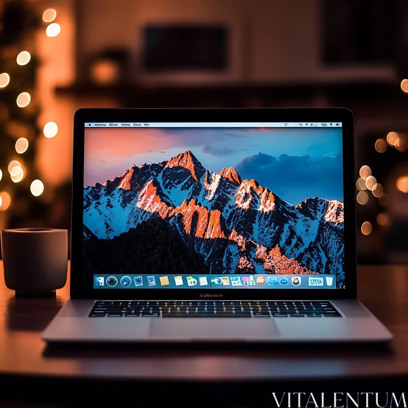 Mountain Landscape on Laptop Screen with Bokeh Lights AI Image