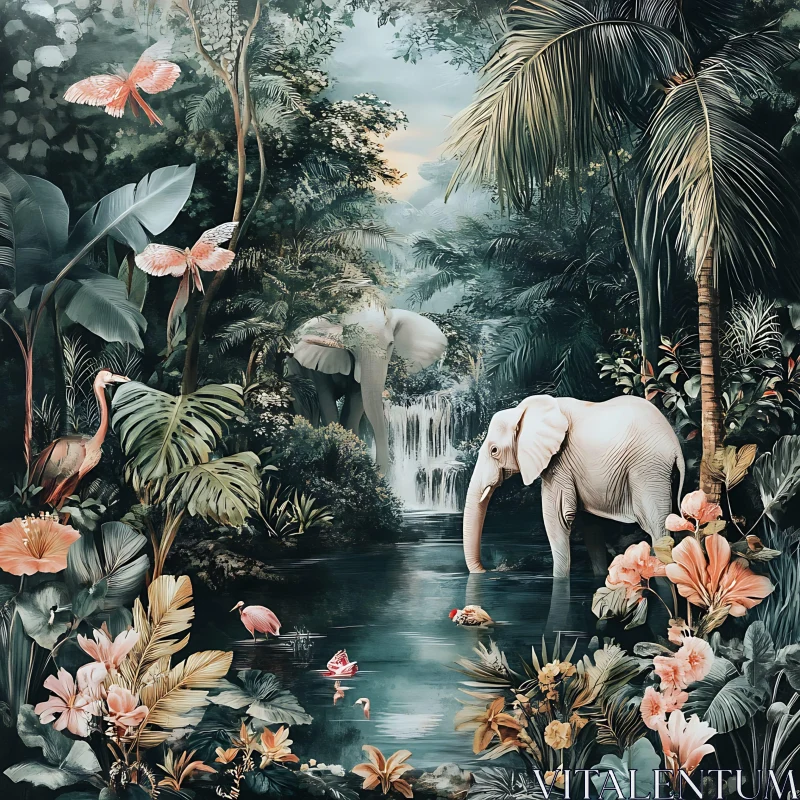 AI ART Tropical Elephants in Serene Waterfall Setting