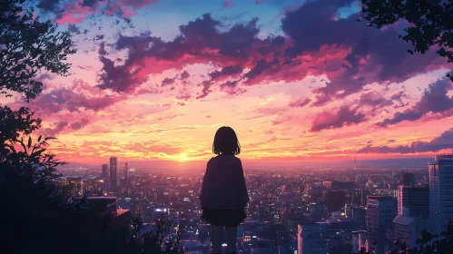 Anime Girl Watching Sunset Over the City
