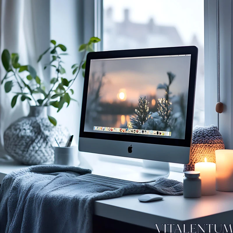 Serene Home Office with Nature Wallpaper AI Image