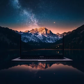 Laptop Screen Merging with Mountain Night Sky
