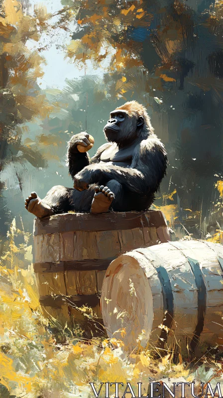 Serene Gorilla on Barrel in Forest AI Image