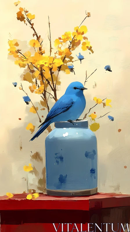 Vibrant Bird on Vase AI Image