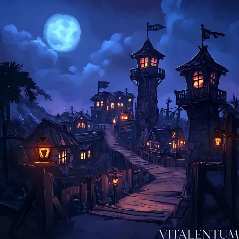 Nighttime Village Fantasy AI Image