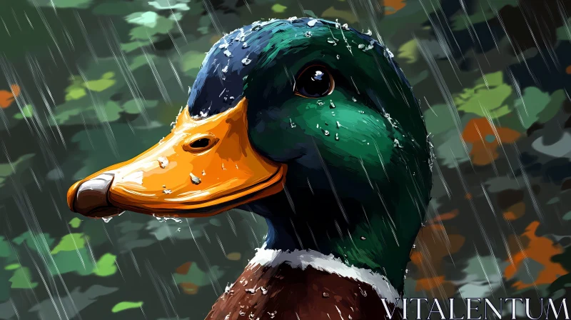 AI ART Illustration of Mallard Duck with Rain Drops