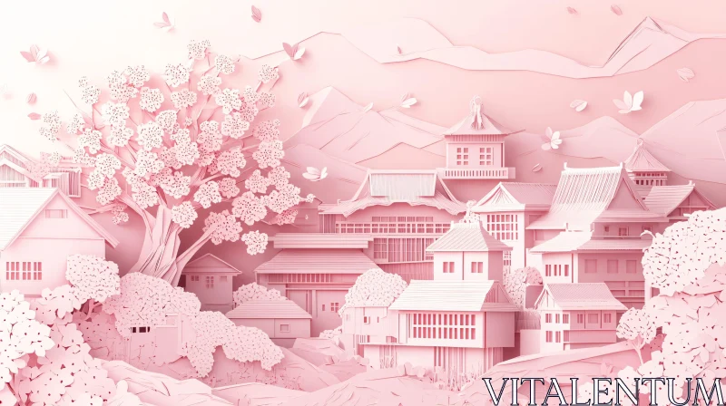 AI ART Sakura Village Paper Art