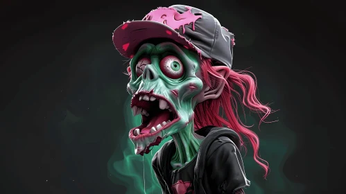 3D Cartoon Zombie with Vibrant Red Hair and Baseball Cap