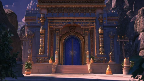 Ornate Temple Entrance with Blue Door