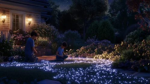 Boys with Glowing Lights in Garden