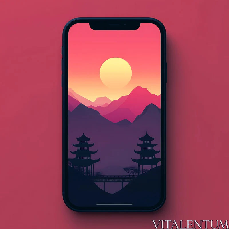 Mountains and Pagodas at Sunset AI Image
