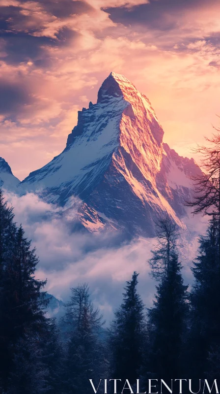 AI ART Mountain Peak with Snow and Sunlit Glow