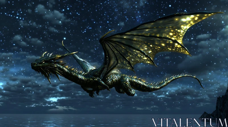 AI ART Dragon Soaring Over Water at Night