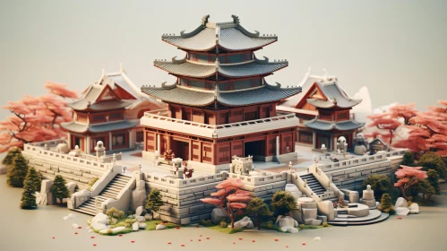 Miniature Asian Architecture with Cherry Blossoms
