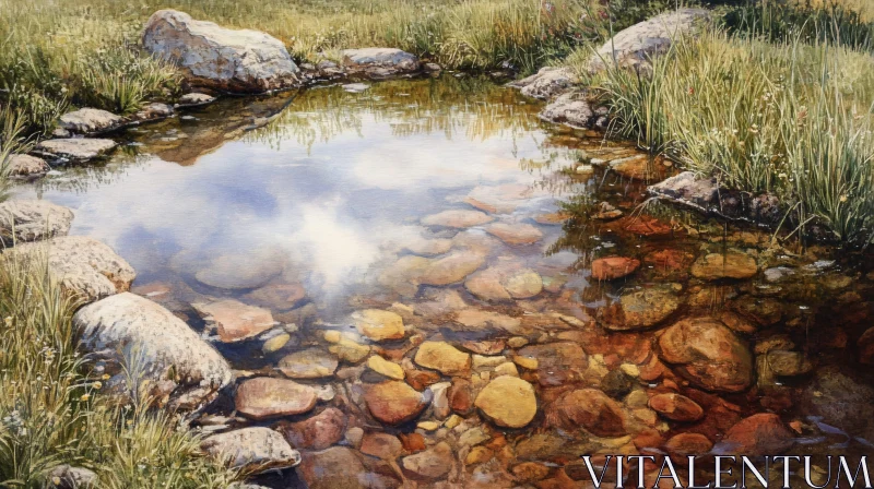 AI ART Peaceful Stream and Clear Sky Reflection