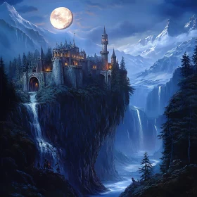 Moonlit Castle on Cliff with Waterfalls