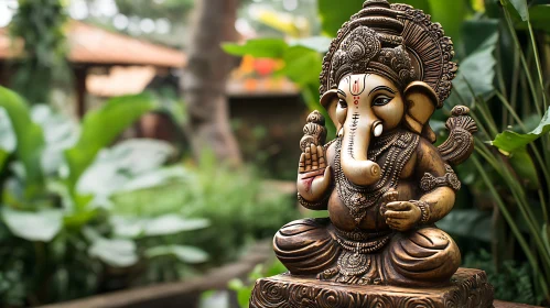 Ganesha Statue in Tranquil Garden Setting