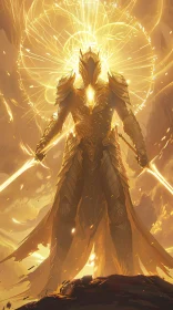 Armored Figure with Swords Radiating Light