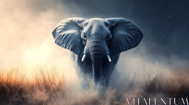 Elephant in Grass and Fog AI Image