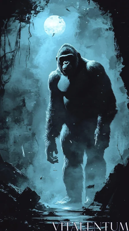 Silhouette of Gorilla in Moonlit Jungle AI Image